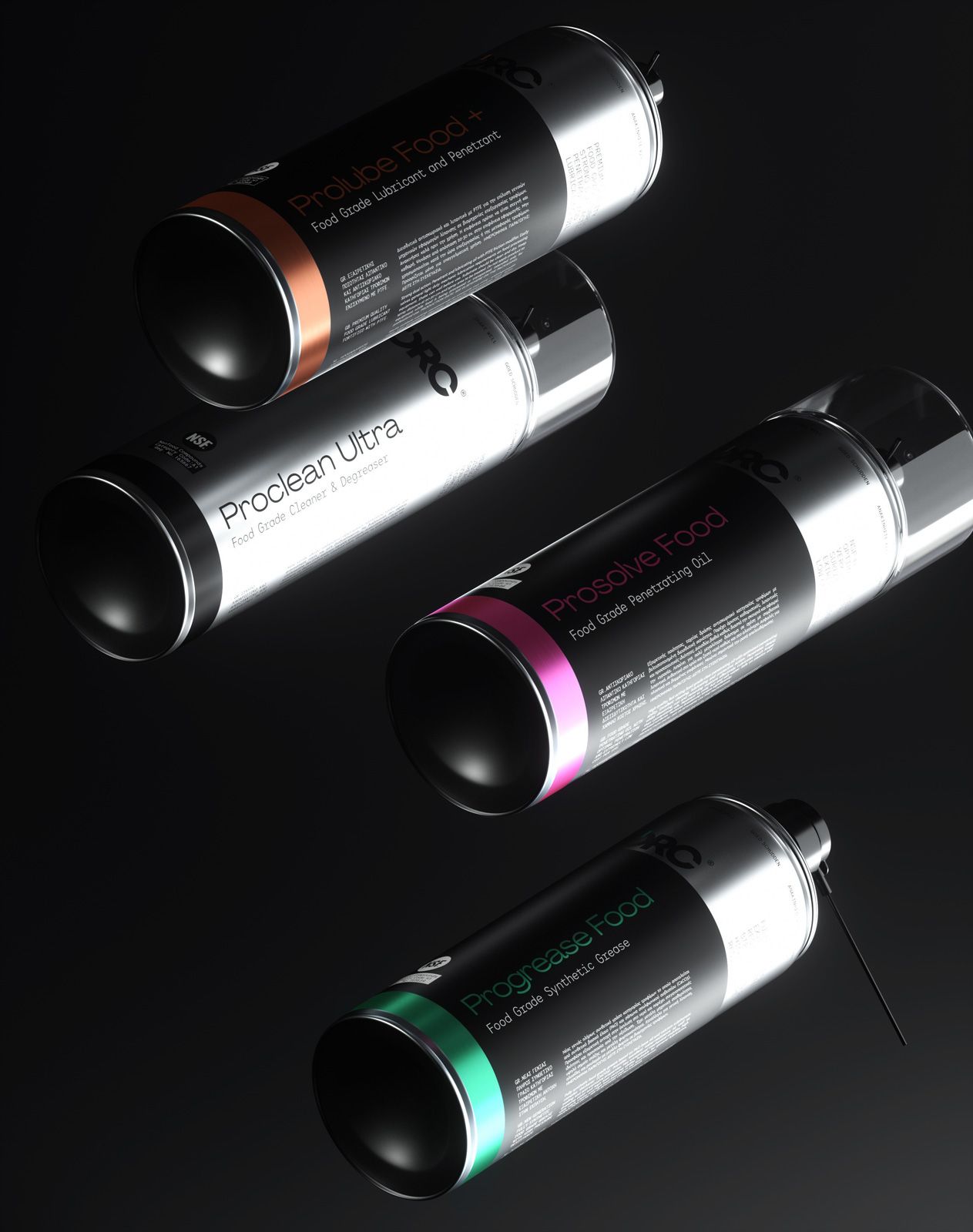 Close-up of lubricant spray head with precision straw, in metallic packaging — packaging design by Pecora Nera Design Studio